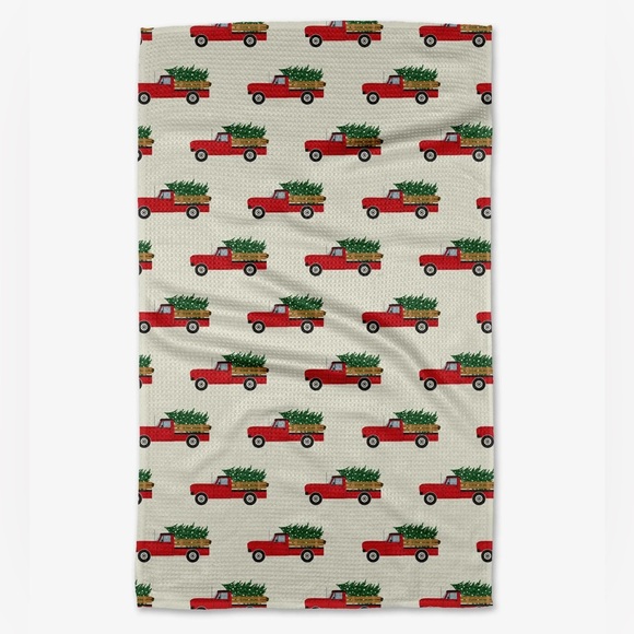 NWT Geometry Holiday Christmas Ride Waffle Kitchen Tea Towel Red Green Truck - Picture 4 of 4